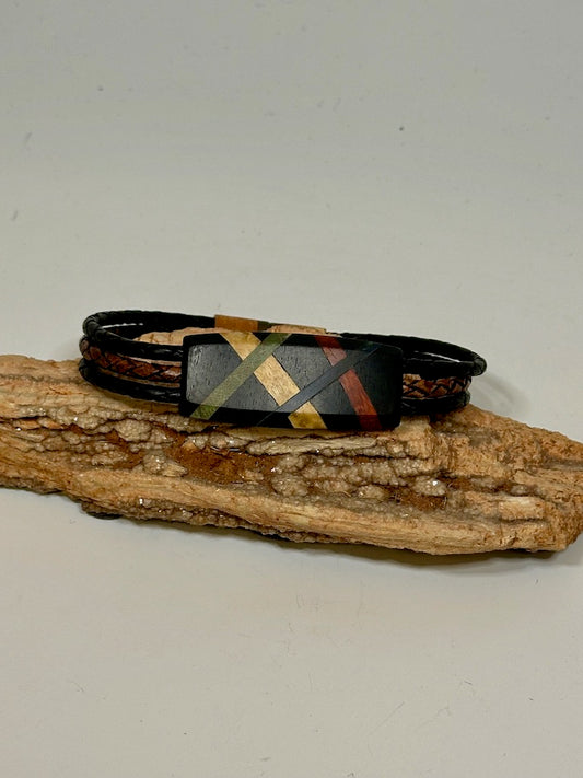 Mixed Media Wood Abstract Leather Bracelet - NL213