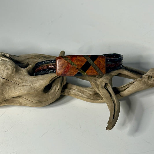 LARGE ABSTRACT MIXED MEDIA AND WOOD LEATHER BRACELET WITH MAGNETIC CLOSURE NL248