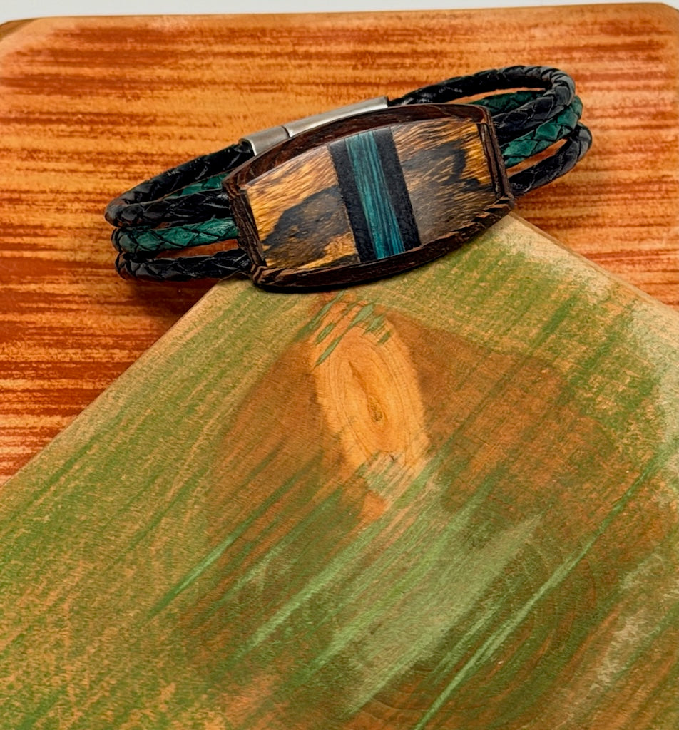 SMALL MIXED MEDIA WOOD SYMMETRY WITH BANDING MAGNETIC CLASP BRACELET NL323