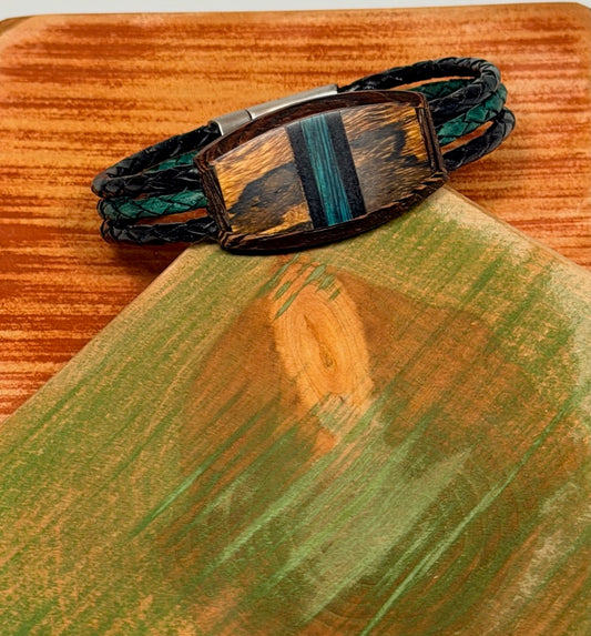 SMALL MIXED MEDIA WOOD SYMMETRY WITH BANDING MAGNETIC CLASP BRACELET NL323