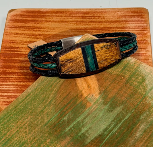 LARGE MIXED MEDIA WOOD SYMMETRY WITH BANDING MAGNETIC CLASP BRACELET NL334