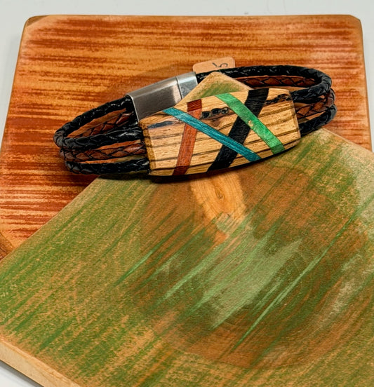EXTRA LARGE MIXED MEDIA WOOD ABSTRACT MAGNETIC CLASP BRACELET NL335