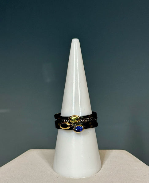 STERLING SILVER AND 18K GOLD BEZEL RING WITH PERIDOT, GARNET AND KYANITE STACK RING  NM496R