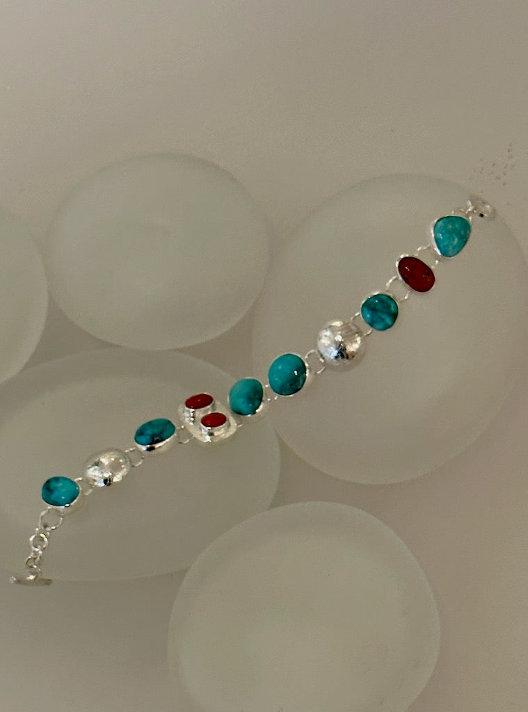 TURQUOISE AND VINTAGE ITALIAN CORAL STERLING SILVER BRACELET NM505B