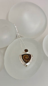 AMMONITE, WHISKEY QUARTZ AND SAPPHIRE STERLING SILVER NECKLACE - NM510N