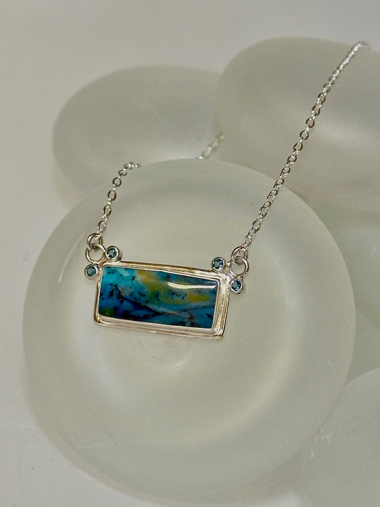 BLUE OPALIZED PETRIFIED WOOD AND BLUE TOPAZ Necklace with Sterling Silver Chain - NM537N