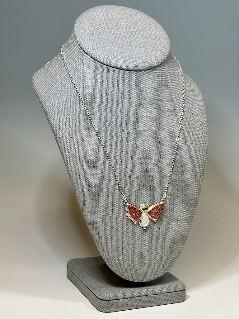 PINK TOURMALINE, PERIDOT AND MOONSTONE BUTTERFLY Necklace with Sterling Silver Chain - NM547N