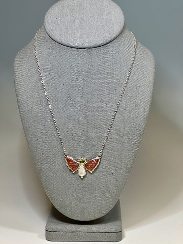 PINK TOURMALINE, PERIDOT AND MOONSTONE BUTTERFLY Necklace with Sterling Silver Chain - NM547N