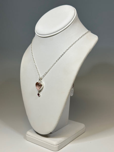 ROSE QUARTZ AND RUBY HEART STERLING SILVER NECKLACE - NM550N