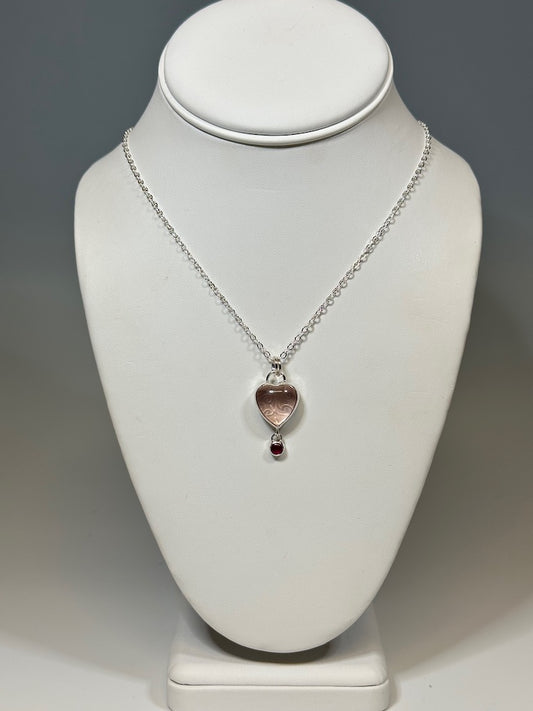 ROSE QUARTZ AND RUBY HEART STERLING SILVER NECKLACE - NM550N