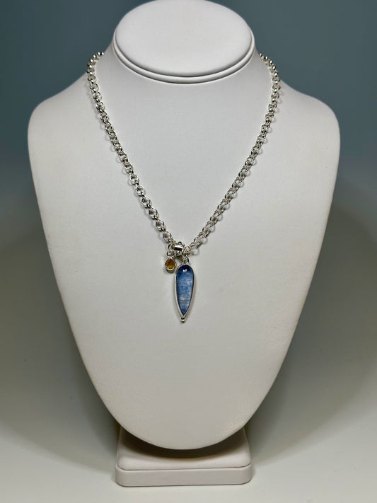 DUMERTIERITE, KYANITE AND GOLEN TOURMALINE STERLING SILVER CHARM NECKLACE - NM553N