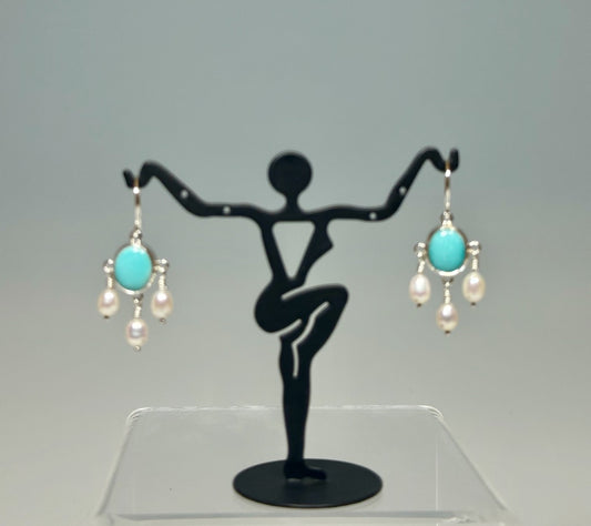 TURQUOISE AND PEARL CHANDELIER STERLING SILVER EARRINGS  NM563E