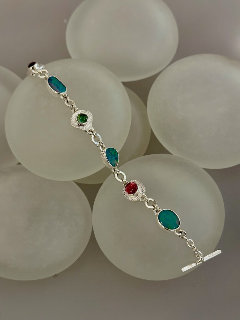 OPAL AND MULTI COLOR TOURMALINE STERLING SILVER BRACELET  NM584B