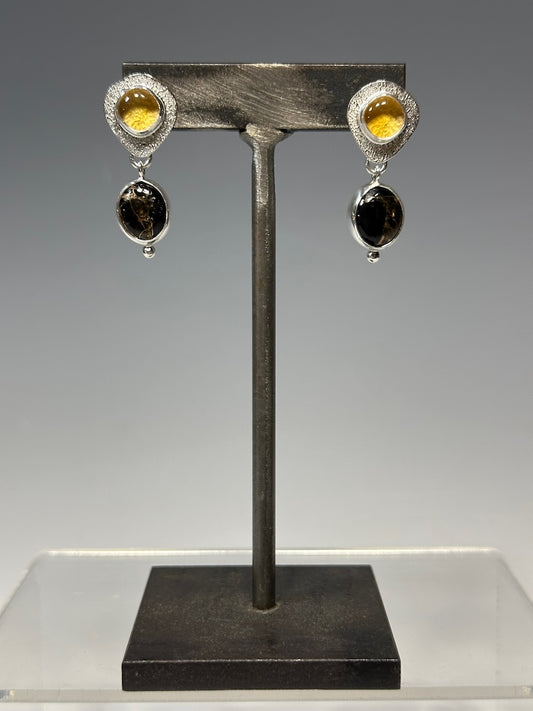 CITRINE AND ONYX STERLING SILVER EARRINGS NM588E