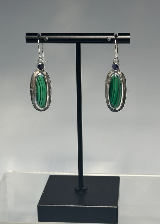 MALACHITE, IOLITE AND STERLING SILVER EARRINGS NM602