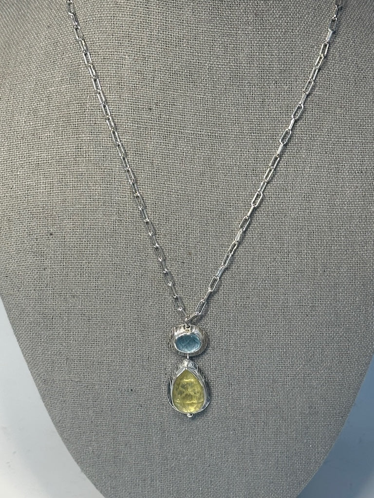 AQUAMARINE AND LEMON QUARTZ STERLING SILVER NECKLACE - NM607