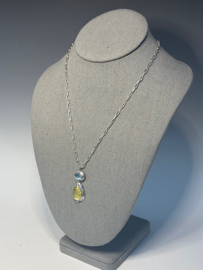 AQUAMARINE AND LEMON QUARTZ STERLING SILVER NECKLACE - NM607