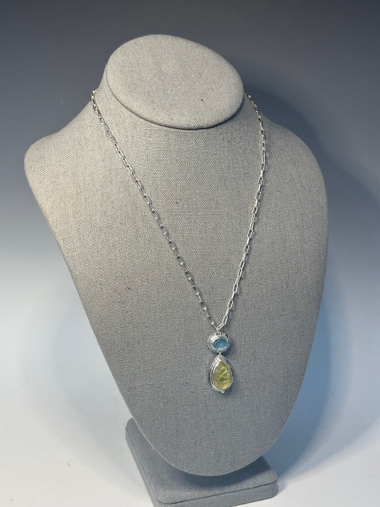 AQUAMARINE AND LEMON QUARTZ STERLING SILVER NECKLACE - NM607