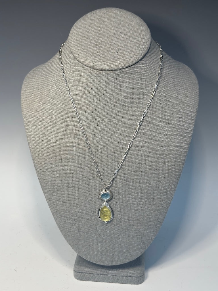 AQUAMARINE AND LEMON QUARTZ STERLING SILVER NECKLACE - NM607