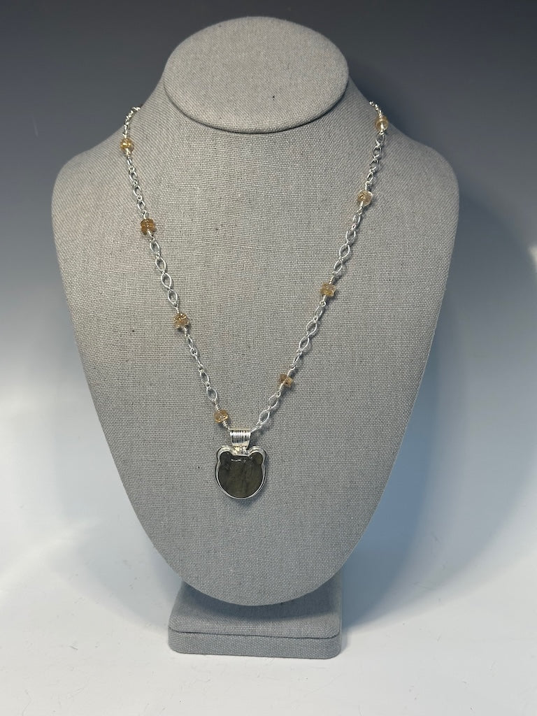 CARVED LABRADORITE BEAR STERLING SILVER NECKLACE - NM612