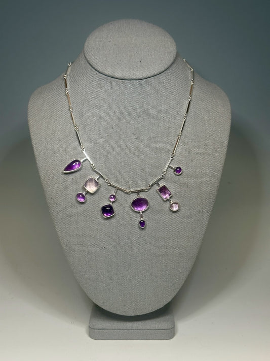 10-STONE AMETHYST STERLING SILVER HAND FORGED NECKLACE NM631N