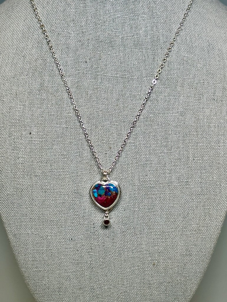 TURQUOISE/COPPER MATRIX HEART NECKLACE WITH RHODOLITE GARNET - NM667N