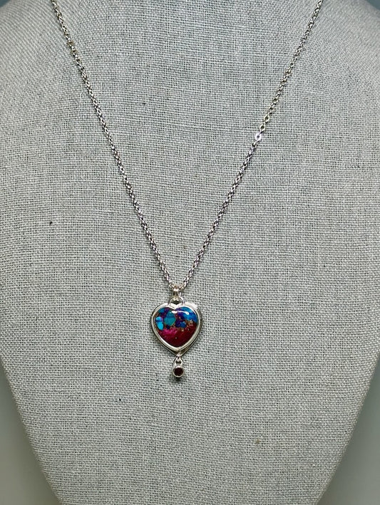 TURQUOISE/COPPER MATRIX HEART NECKLACE WITH RHODOLITE GARNET - NM667N
