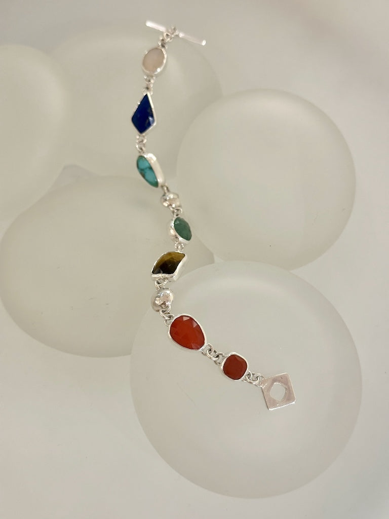 CHAKARA STERLING SILVER BRACELET WITH MOONSTONE, LAPIS, TURQUOISE, GREEN ADVENTURINE, CARNELIAN, RED AGATE NM668B