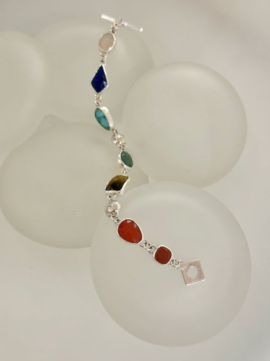 CHAKARA STERLING SILVER BRACELET WITH MOONSTONE, LAPIS, TURQUOISE, GREEN ADVENTURINE, CARNELIAN, RED AGATE NM668B