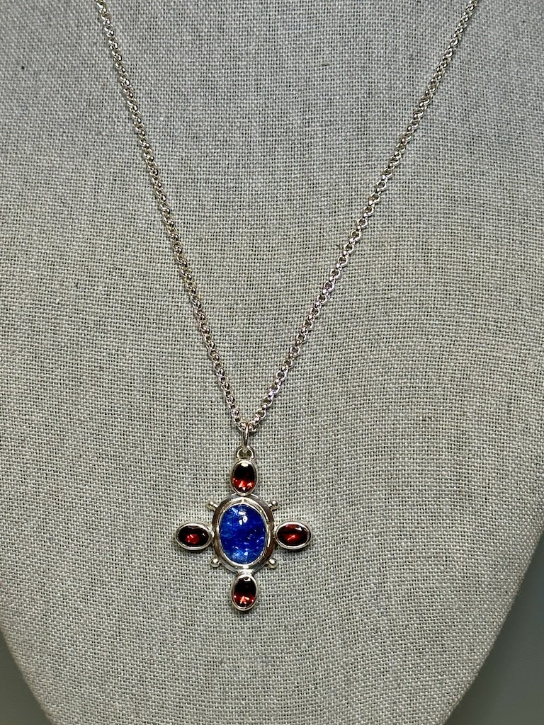 TANZANITE AND GARNET BYZANTINE CROSS STERLING SILVER NECKLACE - NM675N