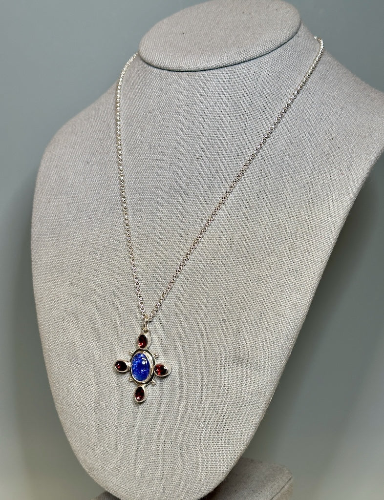 TANZANITE AND GARNET BYZANTINE CROSS STERLING SILVER NECKLACE - NM675N