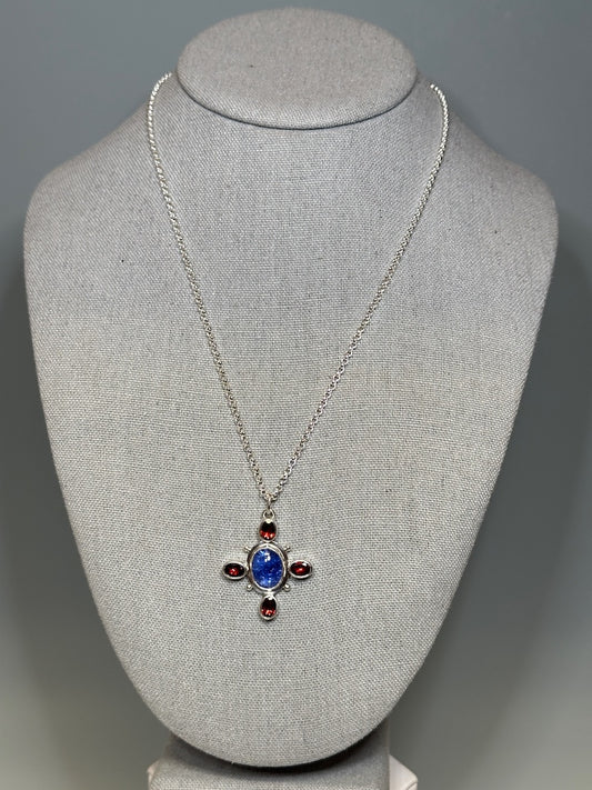 TANZANITE AND GARNET BYZANTINE CROSS STERLING SILVER NECKLACE - NM675N