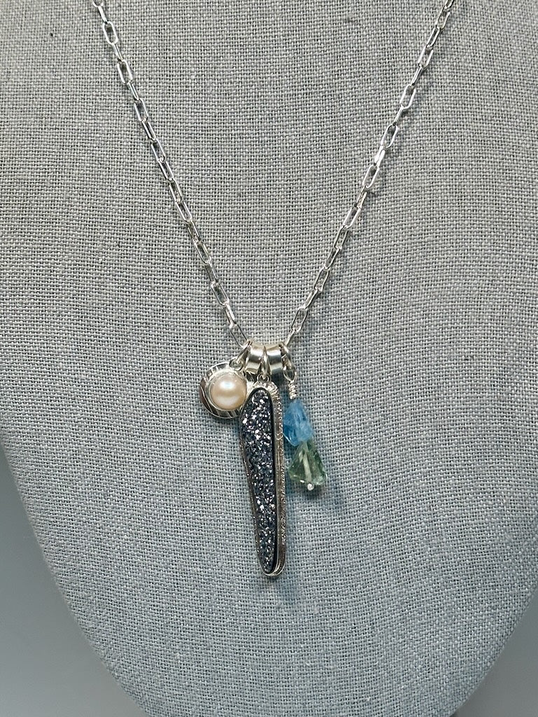 DRUZY, PEARL, AQUAMARINE STERLING SILVER NECKLACE - NM680N