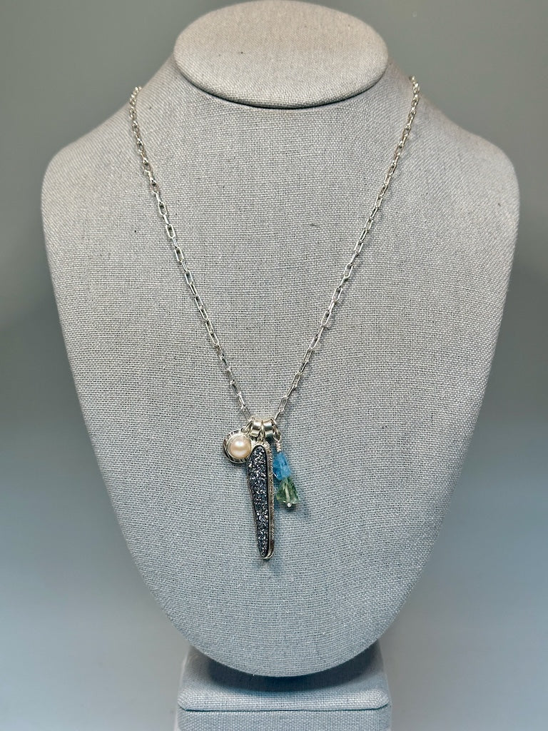 DRUZY, PEARL, AQUAMARINE STERLING SILVER NECKLACE - NM680N