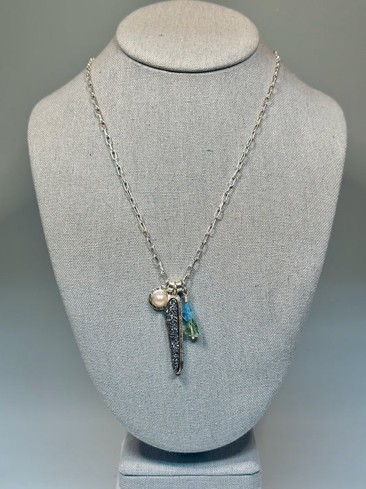 DRUZY, PEARL, AQUAMARINE STERLING SILVER NECKLACE - NM680N