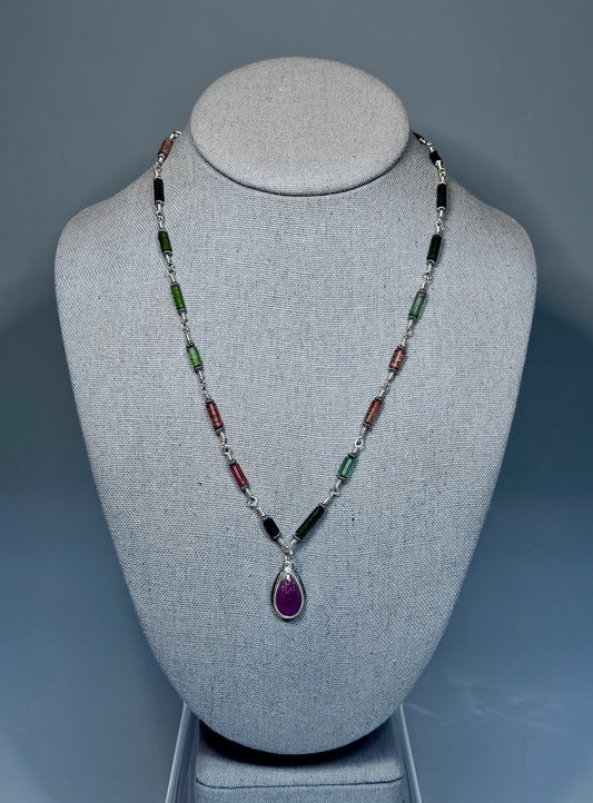 PINK & GREEN TOURMALINE NECKLACE WITH RUBY PENDANT NM693N