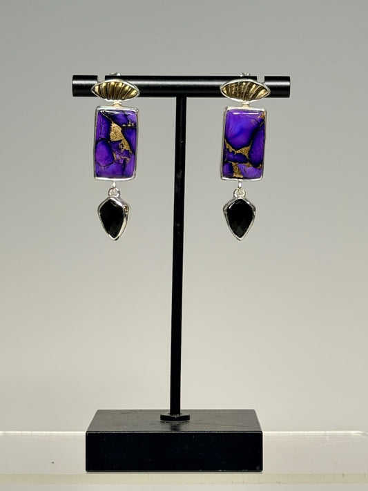 PYRITIZED AMMONITE, MOHAVE TURQUOISE AND ONYX EARRINGS NM738E