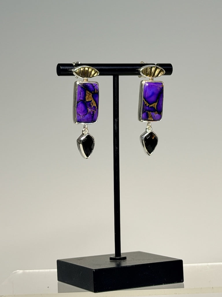 PYRITIZED AMMONITE, MOHAVE TURQUOISE AND ONYX EARRINGS NM738E