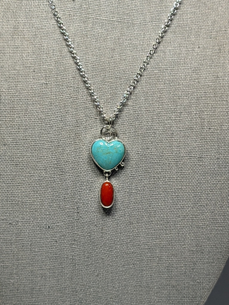 TURQUOISE HEART AND ITALIAN CORAL STERLING SILVER NECKLACE NM739N
