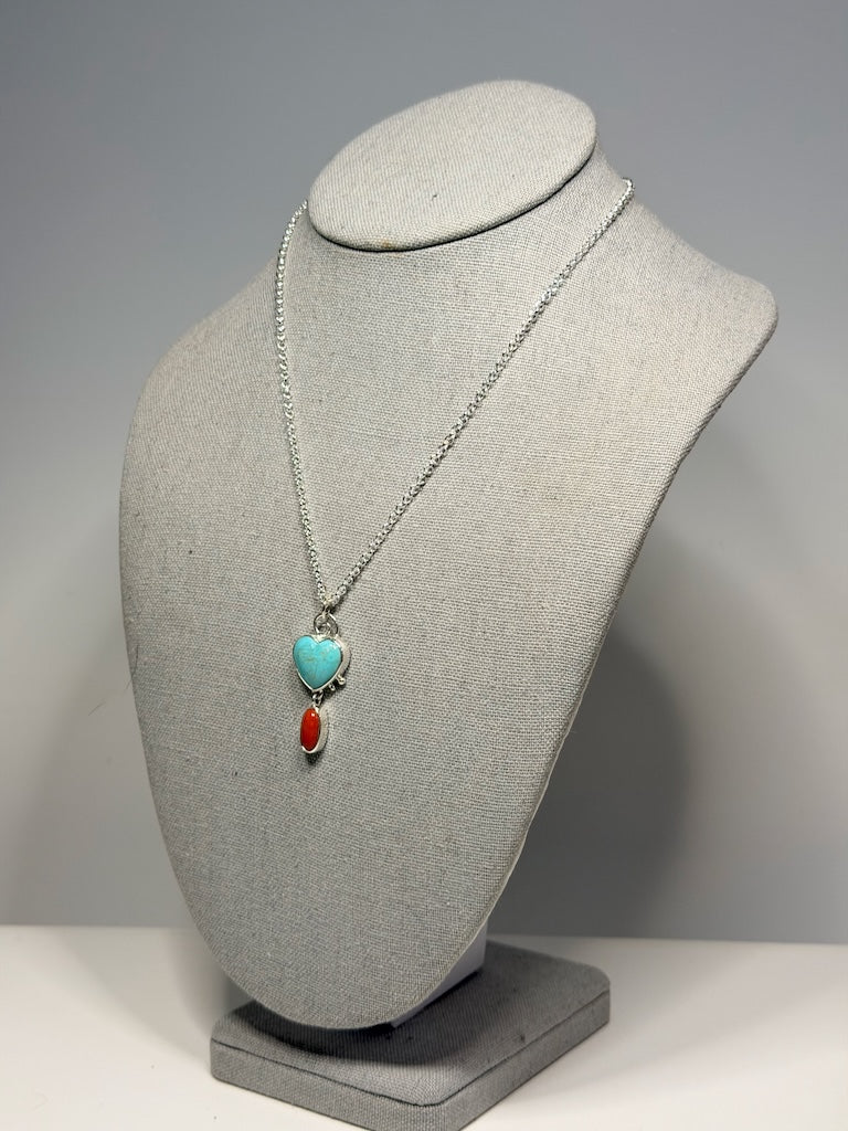 TURQUOISE HEART AND ITALIAN CORAL STERLING SILVER NECKLACE NM739N