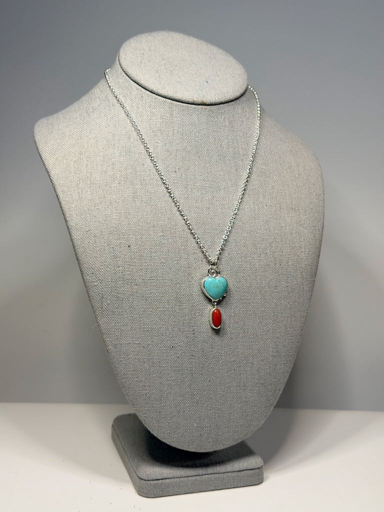 TURQUOISE HEART AND ITALIAN CORAL STERLING SILVER NECKLACE NM739N