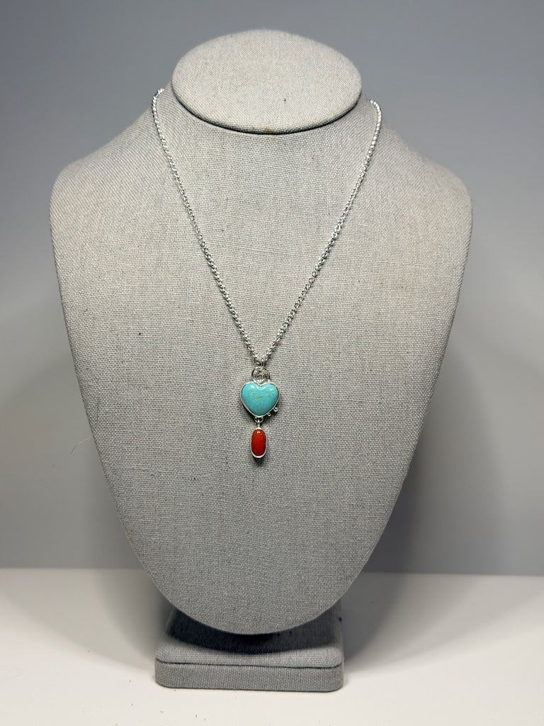 TURQUOISE HEART AND ITALIAN CORAL STERLING SILVER NECKLACE NM739N