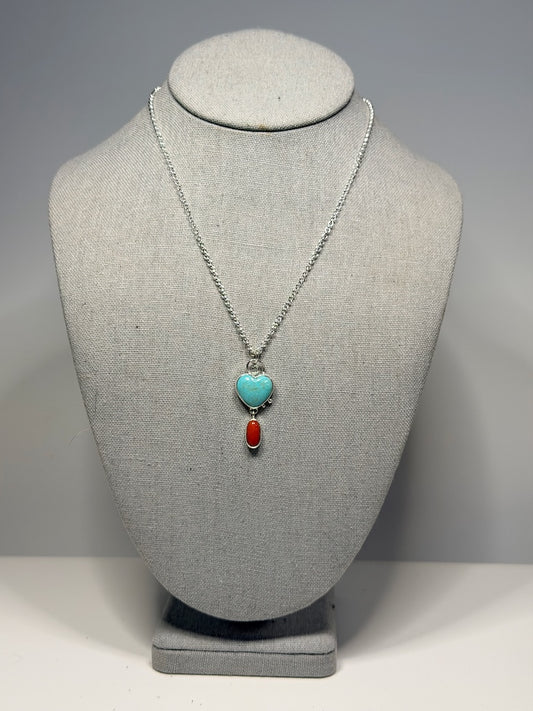 TURQUOISE HEART AND ITALIAN CORAL STERLING SILVER NECKLACE NM739N