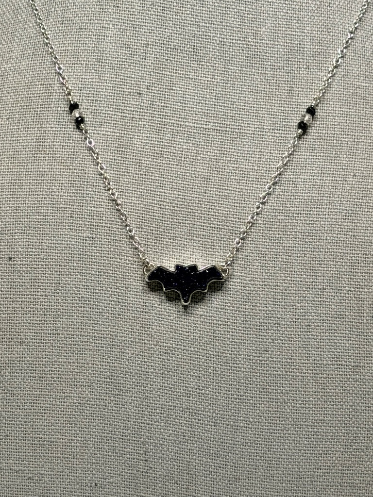 BLACK SUNSTONE BAT WITH FACETED BLACK SPINEL BEADS STERLING SILVER NECKLACE NM741N