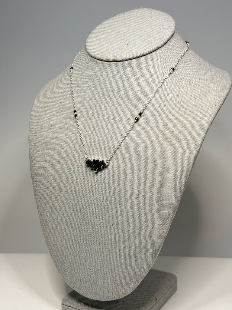 BLACK SUNSTONE BAT WITH FACETED BLACK SPINEL BEADS STERLING SILVER NECKLACE NM741N