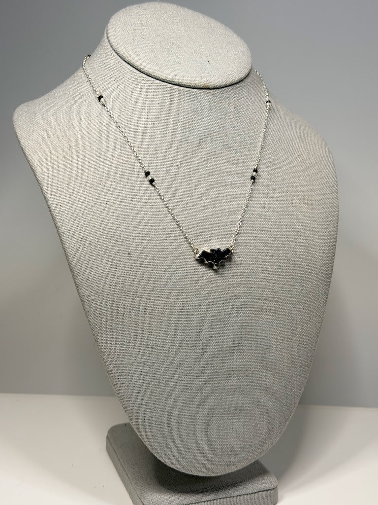 BLACK SUNSTONE BAT WITH FACETED BLACK SPINEL BEADS STERLING SILVER NECKLACE NM741N