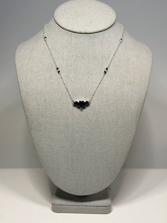 BLACK SUNSTONE BAT WITH FACETED BLACK SPINEL BEADS STERLING SILVER NECKLACE NM741N