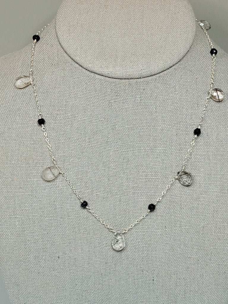 RUTILATED QUARTZ AND BLACK SPINEL STERLING SILVER NECKLACE NM743N
