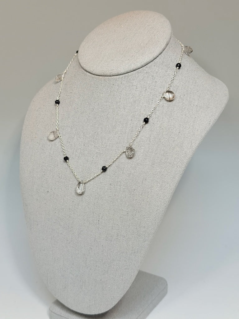 RUTILATED QUARTZ AND BLACK SPINEL STERLING SILVER NECKLACE NM743N