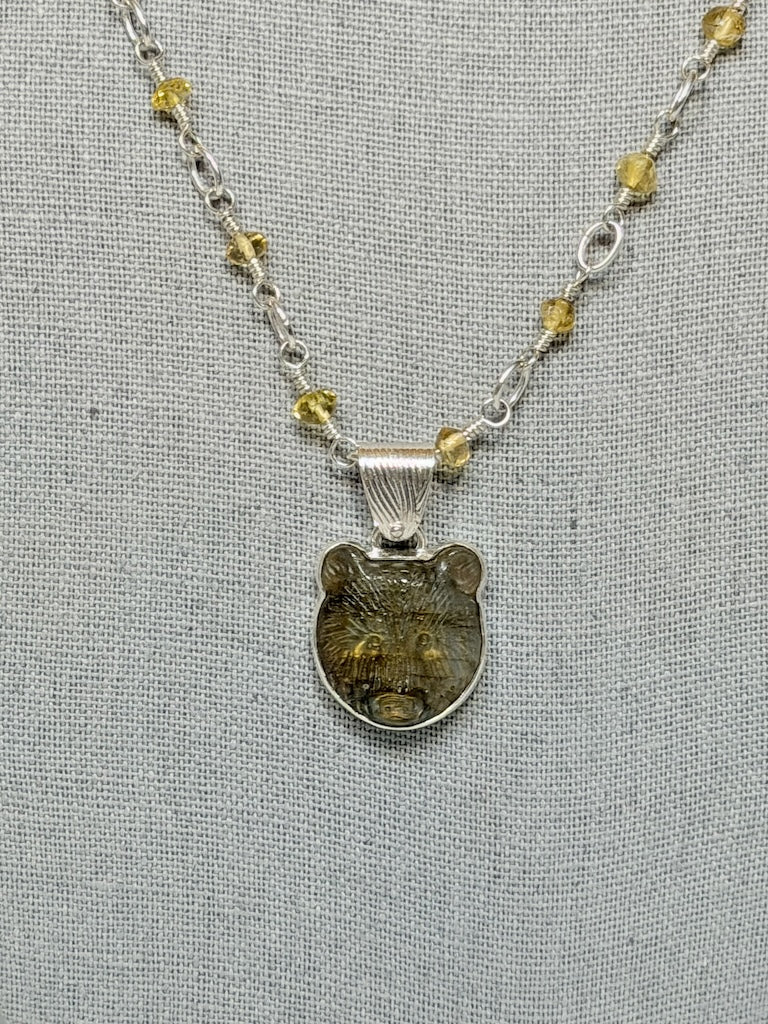 CARVED LABRADORITE BEAR AND CITRINE STERLING SILVER NECKLACE NM744N